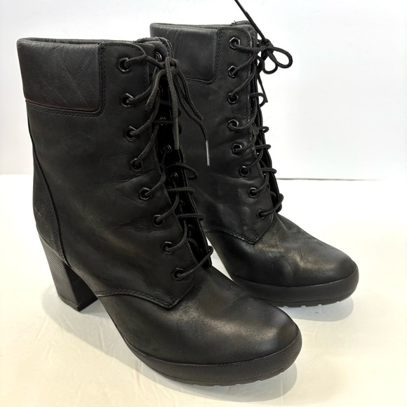 Timberland Allington Mid Lace-Up Block High Heel Black Leather Preppy Boot - Picture 4 of 15
